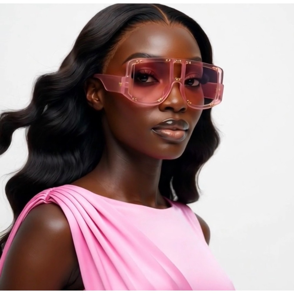 Pink Oversized Rectangular Sunglasses Women Gradient Lens Gold Stud Flat Top New